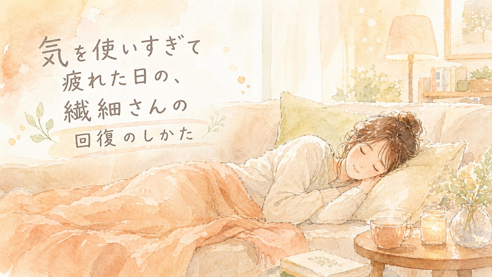 気を使いすぎて疲れた日の回復のしかたを表した水彩イラスト