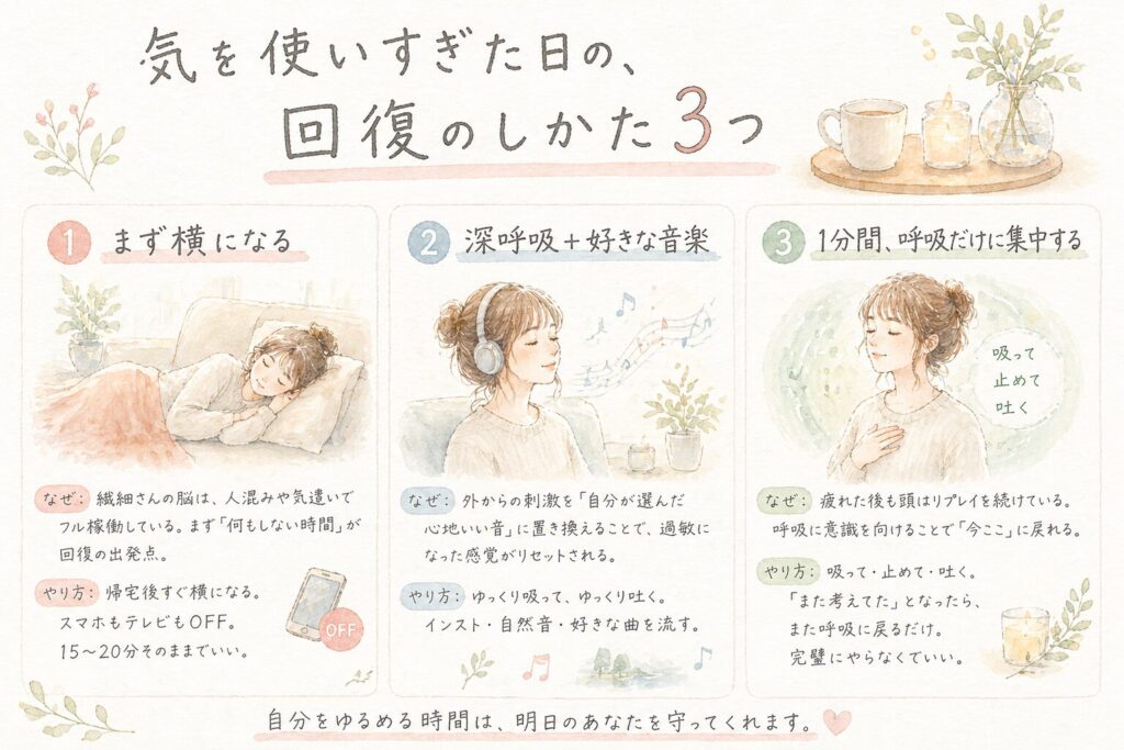 気を使いすぎて疲れた日の回復のしかたを表した水彩イラスト(インフォグラフィック)