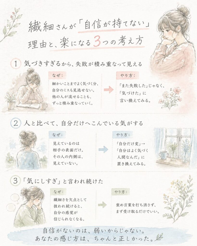 繊細さんが自信を持てない理由を表した水彩イラスト(インフォグラフィック)