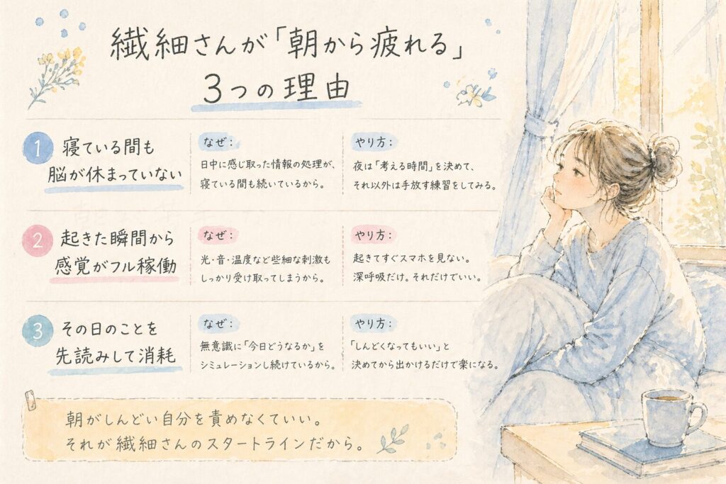 繊細さんが朝が苦手な理由を表した水彩イラスト(インフォグラフィック)