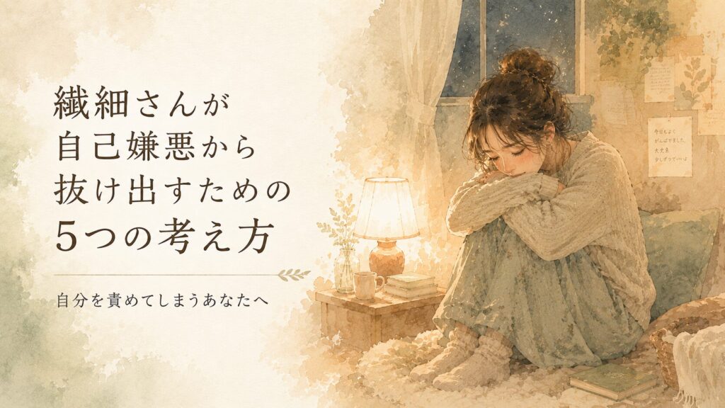 夜に一人、膝を抱えて自分を責めるように沈む女性のイラスト。そばに灯るやさしいランプの光。
