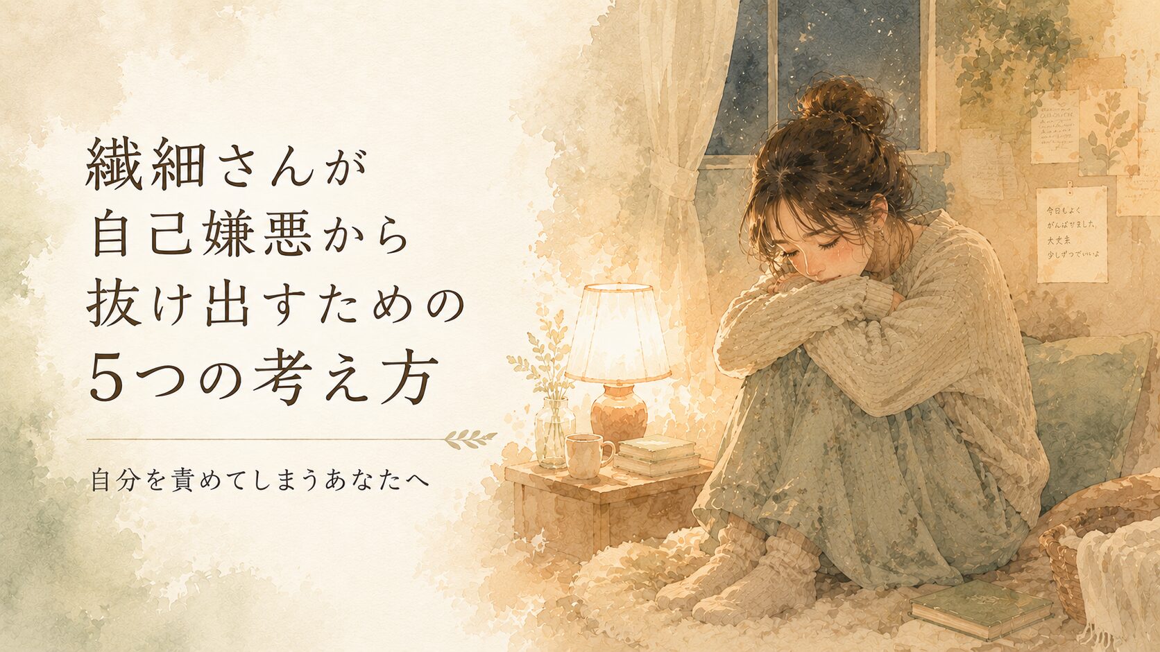 夜に一人、膝を抱えて自分を責めるように沈む女性のイラスト。そばに灯るやさしいランプの光。