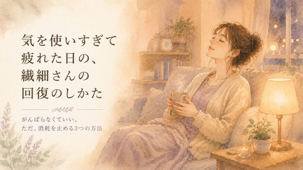 暖色の照明の部屋で、深呼吸をしながらソファでくつろぐ女性のイラスト