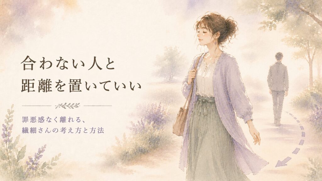 合わない相手とそっと距離を取り、穏やかな表情でいる女性のイラスト