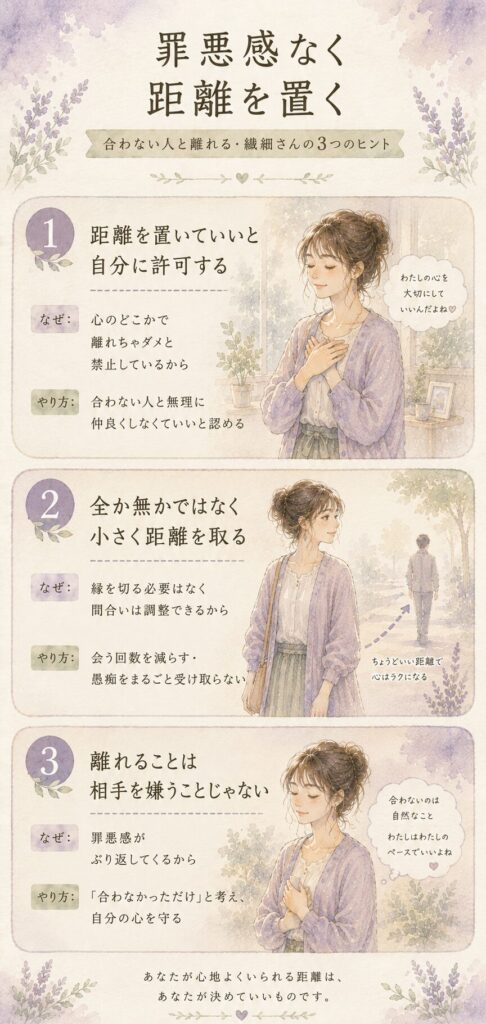 罪悪感なく距離を置く3つのヒント（自分に許可する・小さく距離を取る・相手を嫌うことじゃない）をまとめた水彩のインフォグラフィック
