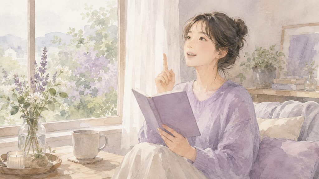 窓辺で本を手に、自分のことを静かに理解したような穏やかな表情の女性のイラスト