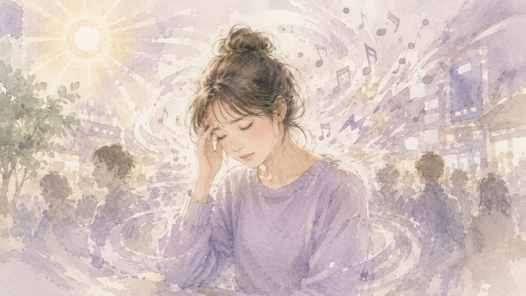 人混みや光・音などの刺激に疲れ、こめかみにそっと手を当てる繊細さんの女性のイラスト