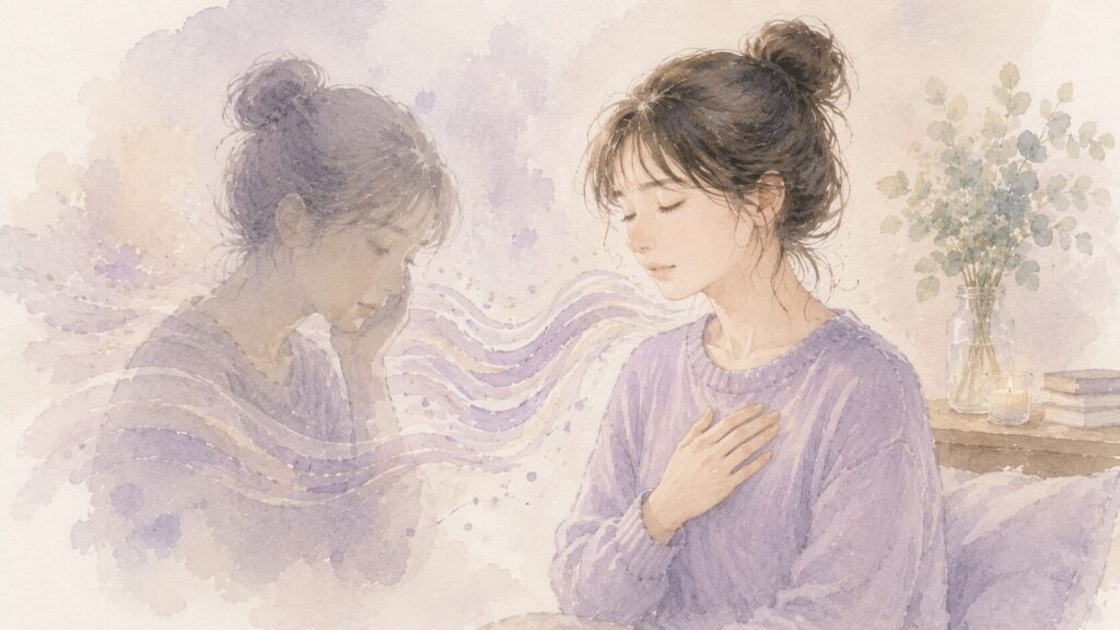 となりの人の気持ちを敏感に感じ取り、自分も同じ表情になる繊細さんの女性のイラスト