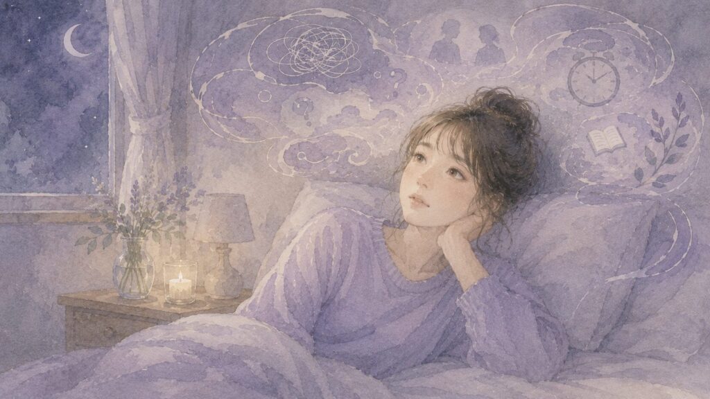 夜、考えごとが止まらず頭の中がぐるぐるしている繊細さんの女性のイラスト
