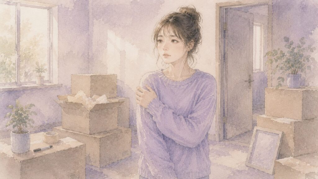 引っ越しや新しい環境に戸惑い、少し不安そうにしている繊細さんの女性のイラスト