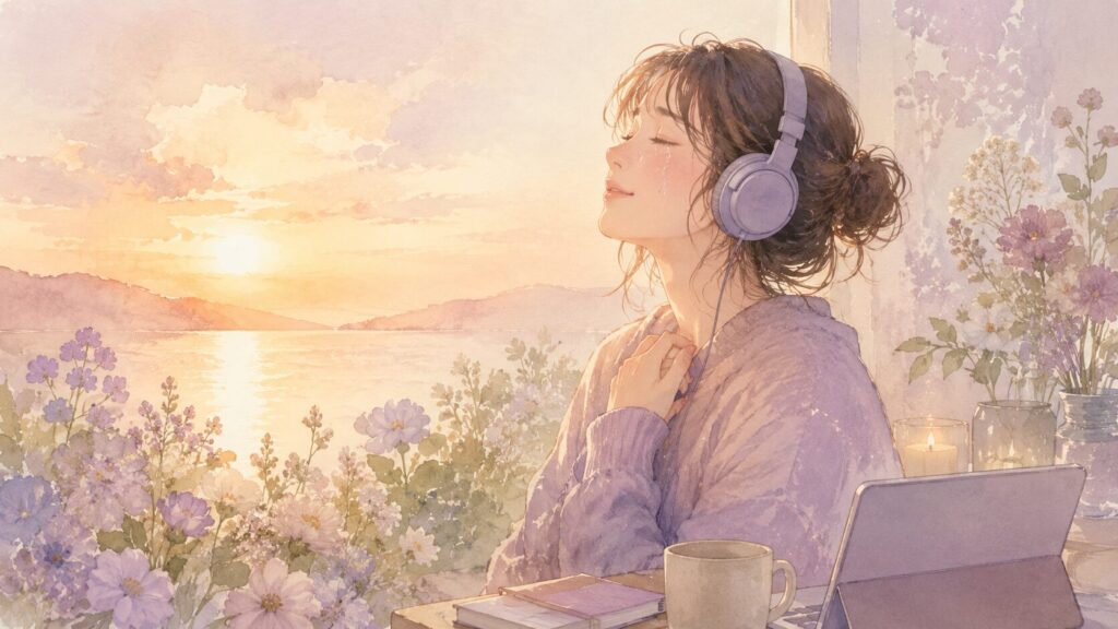 夕暮れや音楽に深く感動し、胸をいっぱいにしている繊細さんの女性のイラスト