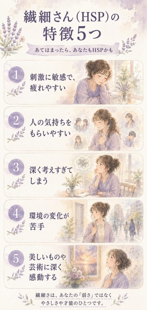 繊細さん（HSP）の特徴5つ（刺激に敏感・人の気持ちをもらいやすい・深く考える・変化が苦手・感動しやすい）をまとめた水彩のインフォグラフィック
