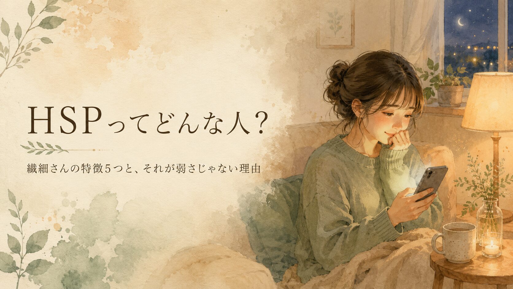 夜にスマホを見て静かに感動している女性のイラスト。暖かいランプの光の中で。