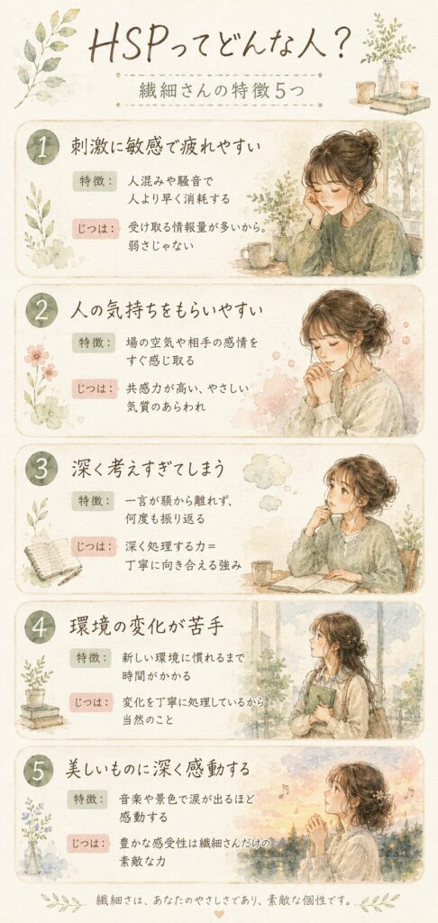  HSP・繊細さんの特徴5つをまとめた縦型インフォグラフィック。それぞれの特徴と前向きな捉え方を紹介。