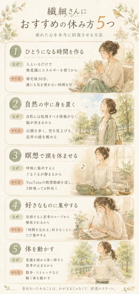 繊細さんにおすすめの休み方5つをまとめた縦型インフォグラフィック。水彩イラスト風のやさしいデザイン。