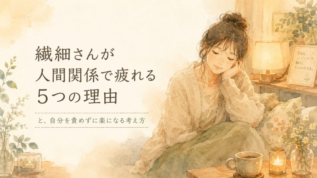人との時間のあと、静かに一人で休む女性のイラスト。暖かみのある室内。