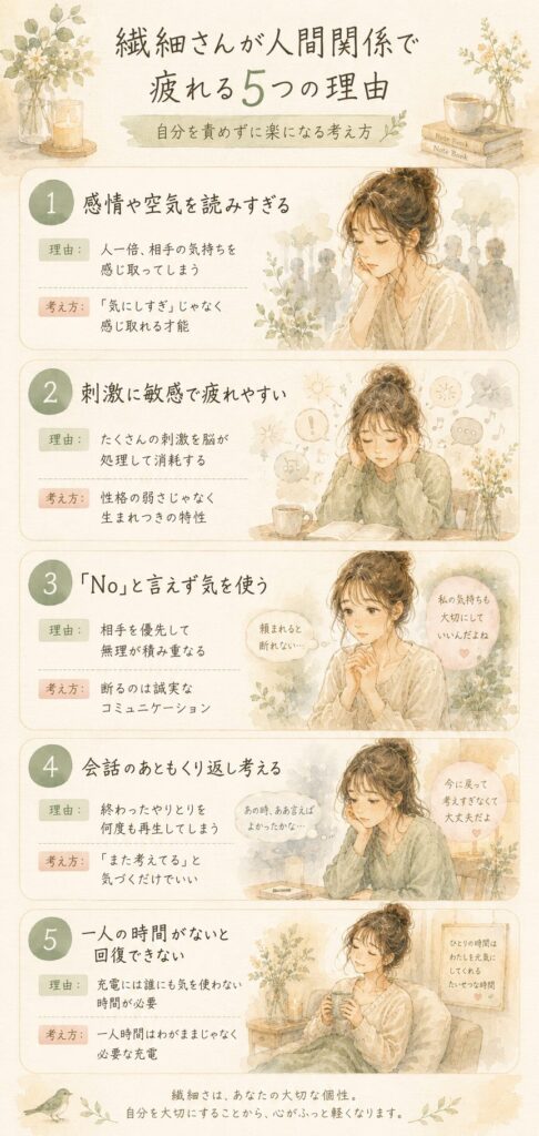 繊細さんが人間関係で疲れる5つの理由と楽になる考え方をまとめた縦型インフォグラフィック。