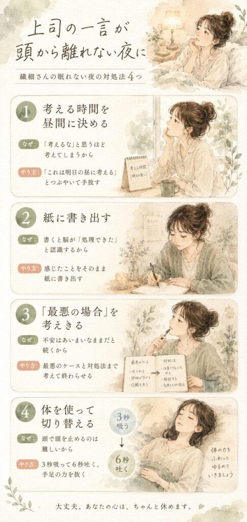 上司の一言で眠れない夜の対処法4つをまとめた縦型インフォグラフィック。水彩イラスト風のやさしいデザイン。