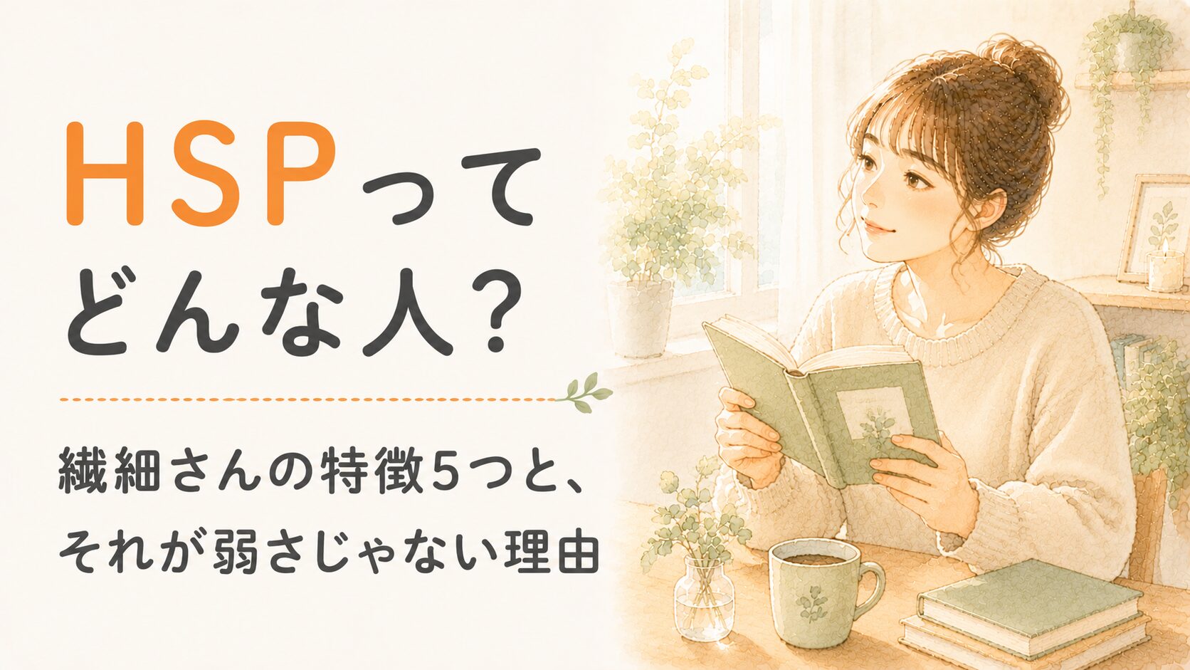 HSP（繊細さん）ってどんな人？本と植物のそばで、やさしい表情の女性の水彩イラスト