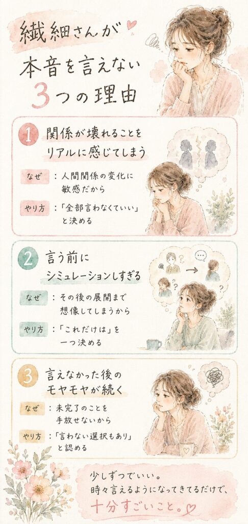 繊細さんが本音を言えない理由を表した水彩イラスト（インフォグラフィック）

