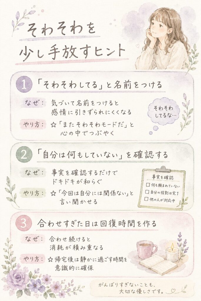 「そわそわを少し手放すヒント」というタイトルのインフォグラフィック。①「そわそわしてる」と名前をつける、②「自分は何もしていない」を確認する、③合わせすぎた日は回復時間を作る、の3つのポイントをまとめた縦型図解。