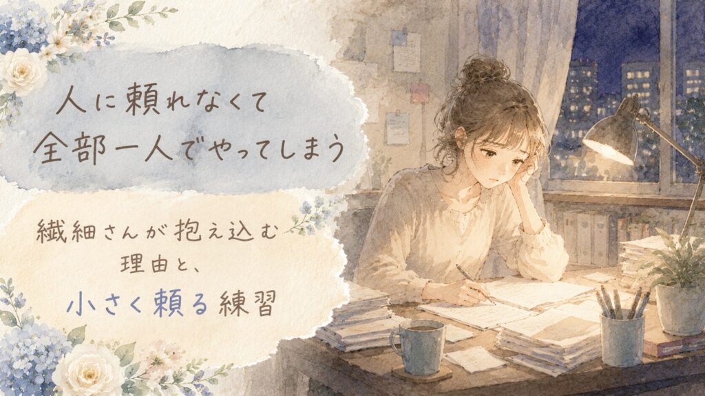 夜遅く一人で仕事をこなす繊細な人のイラスト。人に頼れなくて全部一人でやってしまう｜繊細さんが抱え込む理由と、小さく頼る練習