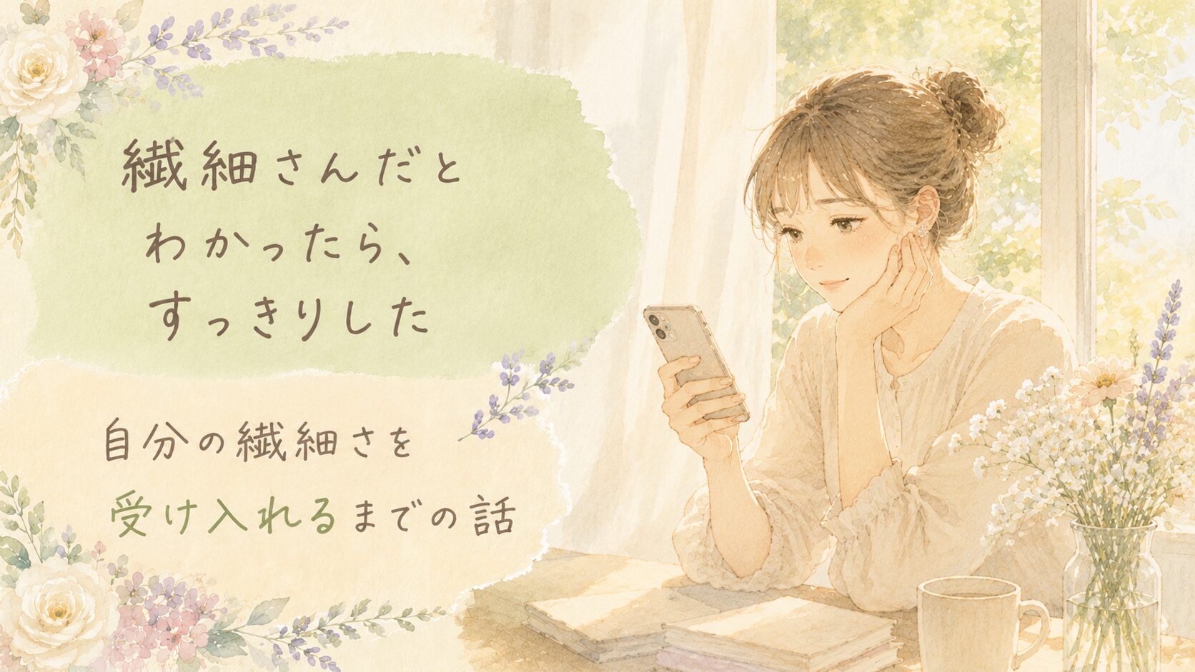 窓辺でスマホを見ながら穏やかに気づきを得た表情の繊細な女性のイラスト。繊細さんだとわかったら、すっきりした｜自分の繊細さを受け入れるまでの話