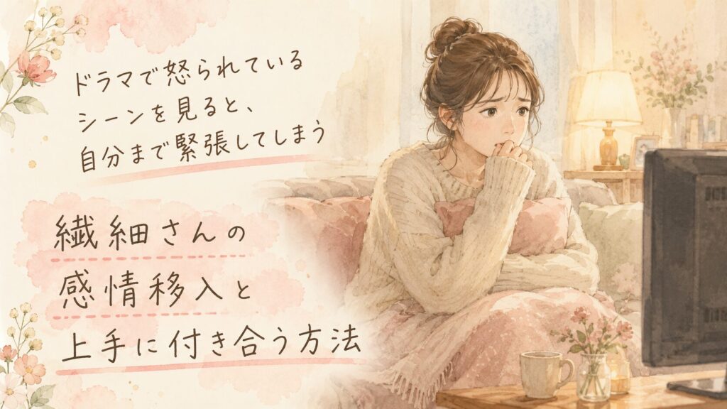 ソファでドラマを見ながら肩が固まっている繊細な女性のイラスト。ドラマで怒られているシーンを見ると、自分まで緊張してしまう｜繊細さんの感情移入と上手に付き合う方法