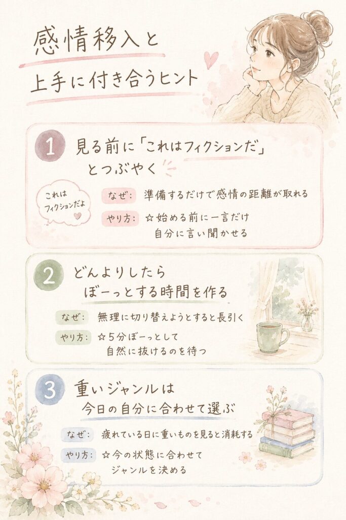 「感情移入と上手に付き合うヒント」というタイトルのインフォグラフィック。①見る前に「これはフィクションだ」とつぶやく、②どんよりしたらぼーっとする時間を作る、③重いジャンルは今日の自分に合わせて選ぶ、の3つのポイントをまとめた縦型図解。