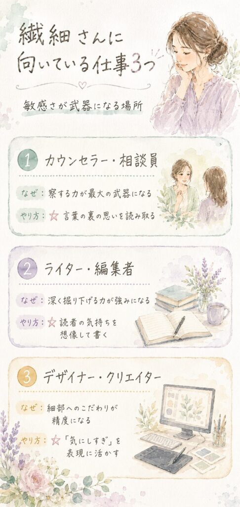 繊細さんに向いている仕事3つを解説したインフォグラフィック