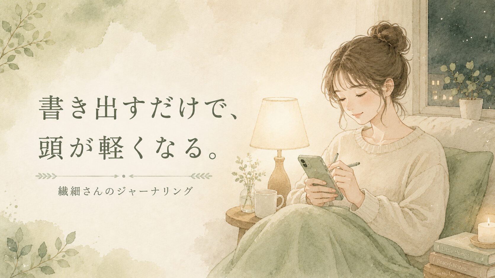 夜にスマホでメモを書く女性のイラスト。繊細さんのジャーナリング記事のアイキャッチ画像。