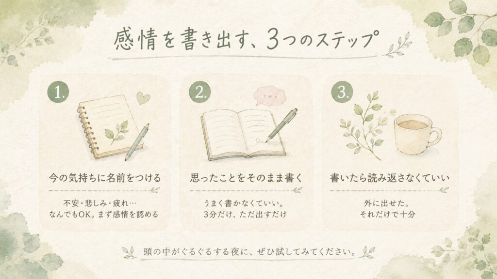 感情を書き出す3つのステップを示したインフォグラフィック。繊細さんのジャーナリング記事の図解。