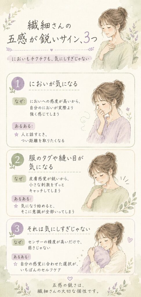 繊細さんの五感が鋭い3つのサインを示したインフォグラフィック。におい・チクチク・気にしすぎじゃないことを解説。
