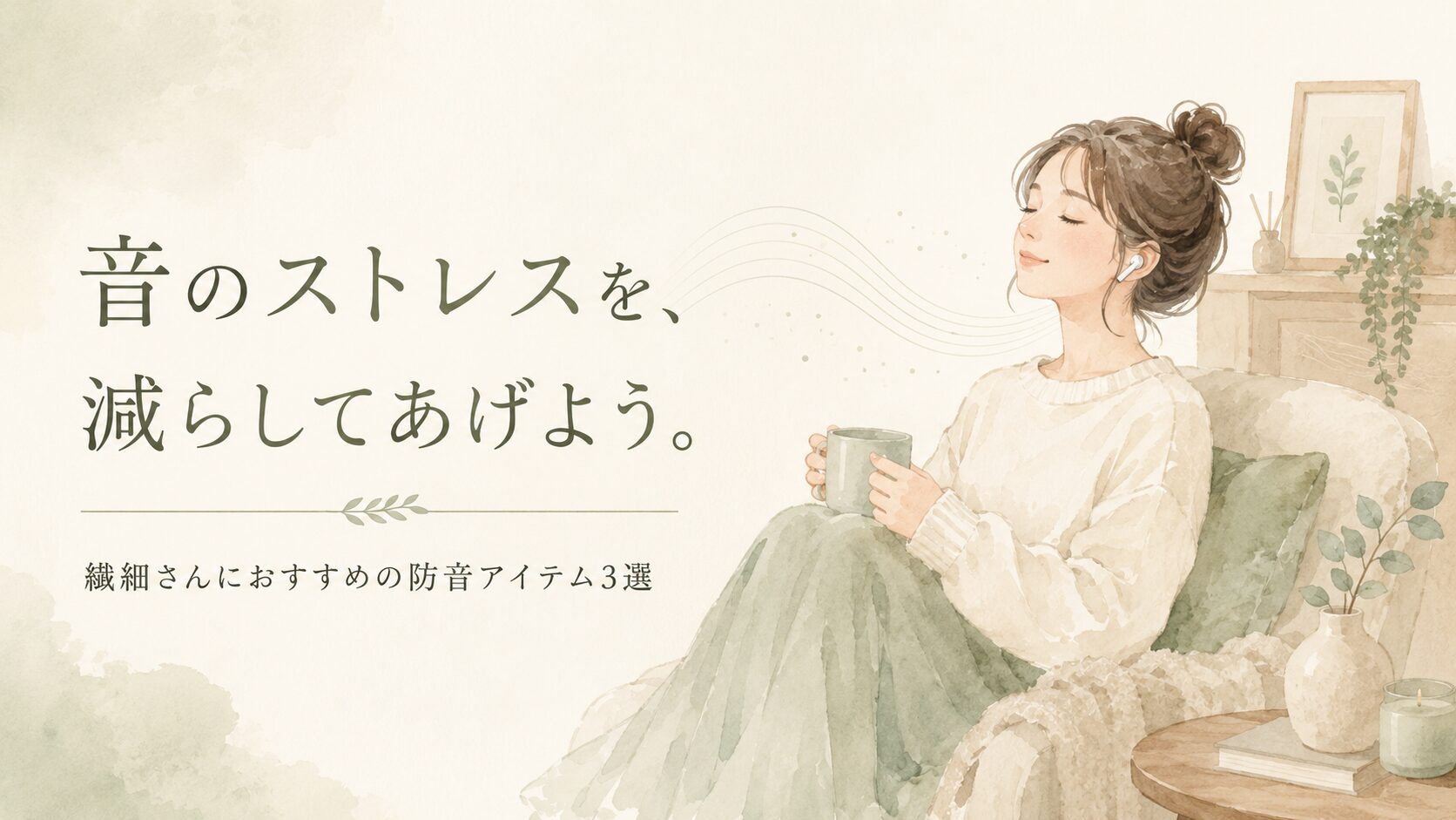 イヤホンをつけて静かにくつろぐ女性のイラスト。音に敏感な繊細さん向けアイテム紹介記事のアイキャッチ画像。