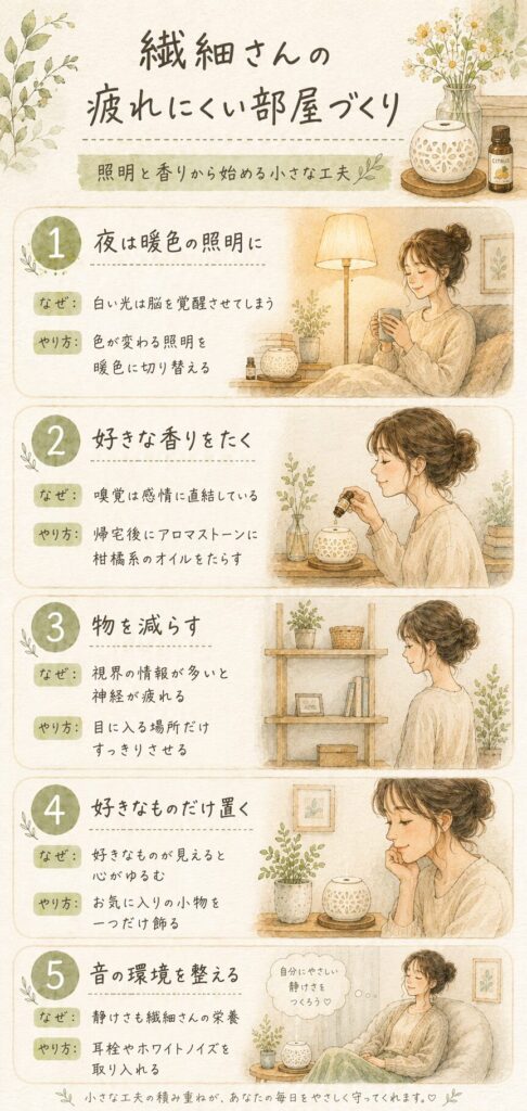 繊細さんが疲れにくい部屋づくりのポイントをまとめたインフォグラフィック