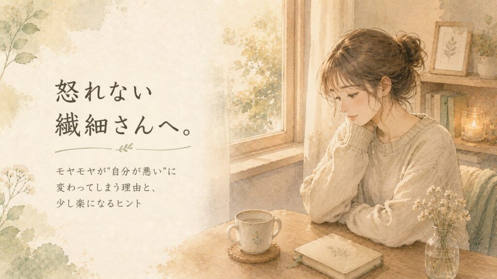窓辺に静かに座り、少し物思いにふけるような表情の女性のイラスト。ベージュと暖色系の落ち着いた雰囲気。