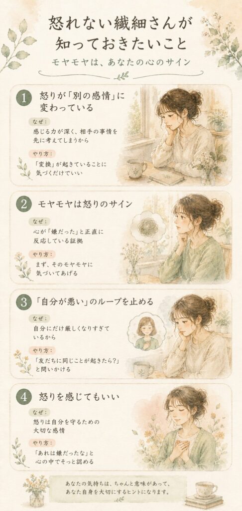 怒れない繊細さんが知っておきたい4つのことをまとめた縦型インフォグラフィック。水彩イラスト風のやさしいデザイン。


