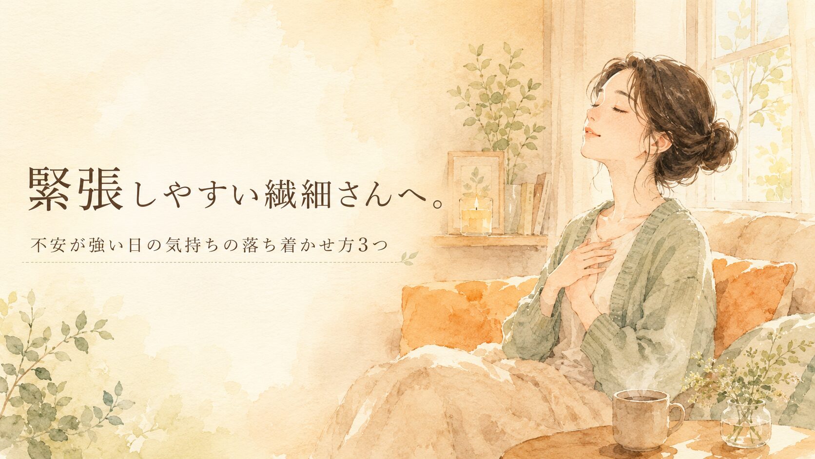 目を閉じて静かに深呼吸する女性のイラスト。落ち着いた暖色の室内。