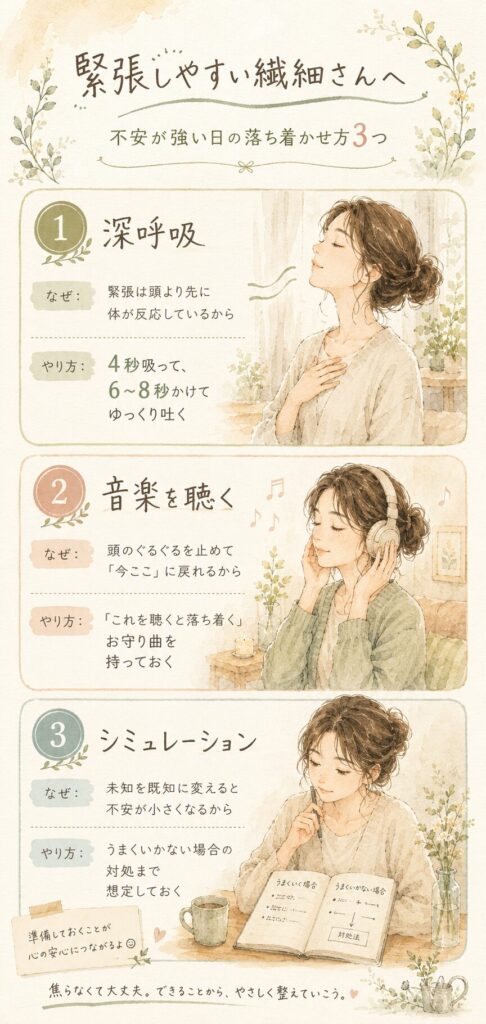 緊張しやすい繊細さんへの落ち着かせ方3つをまとめた縦型インフォグラフィック。