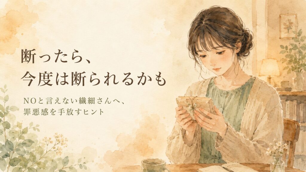 少し迷いながらも穏やかな表情で佇む女性のイラスト。暖かみのある室内。