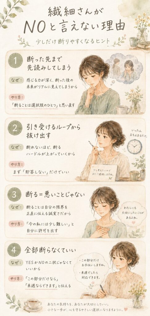繊細さんがNOと言えない理由と断りやすくなるヒント4つをまとめた縦型インフォグラフィック。