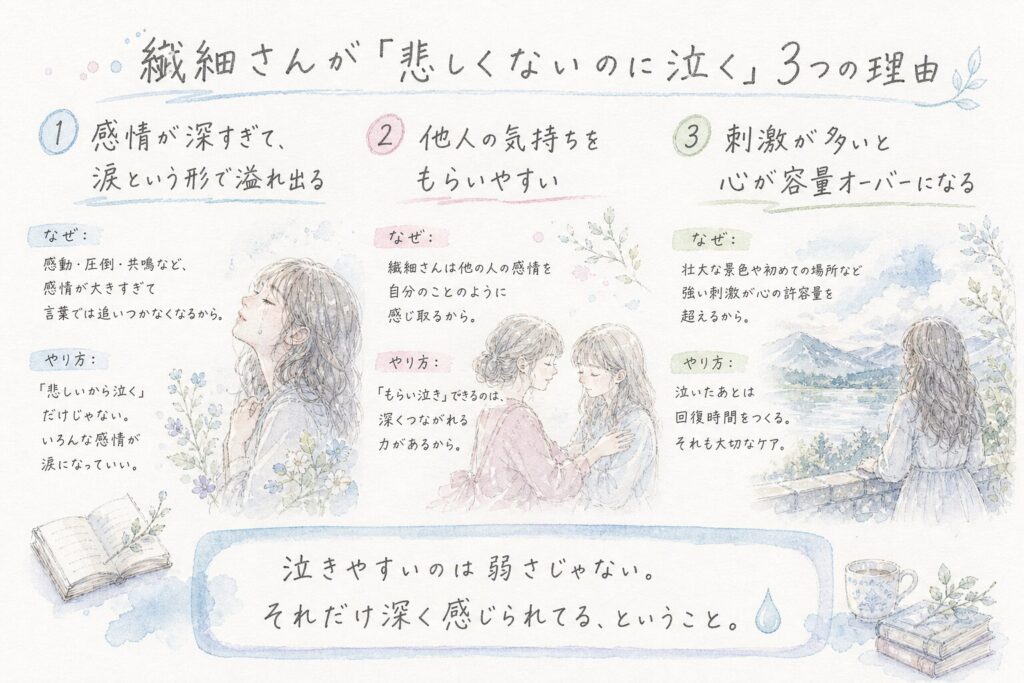 繊細さんが悲しくないのに涙が出る理由を表した水彩イラスト(インフォグラフィック)
