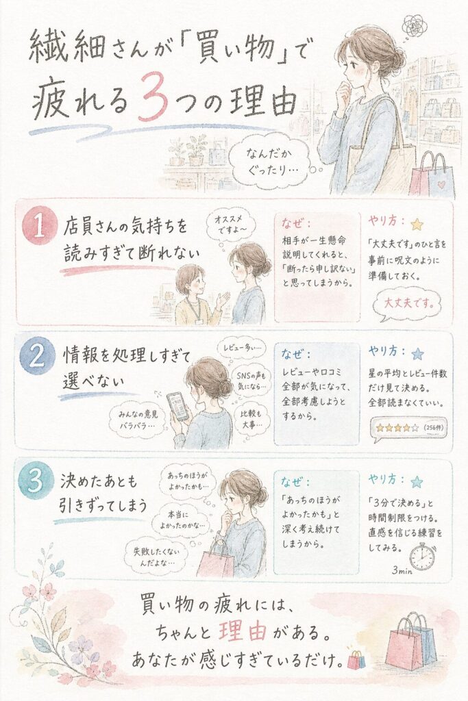 繊細さんが買い物で疲れる理由を表した水彩イラスト(インフォグラフィック)