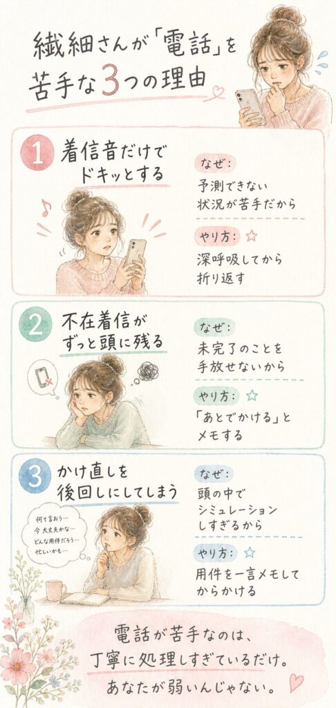 繊細さんが電話を苦手な理由を表した水彩イラスト