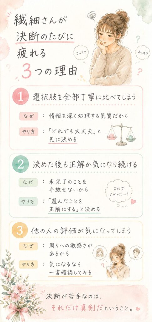 繊細さんが決断のたびに疲れる理由を表した水彩イラスト(インフォグラフィック)