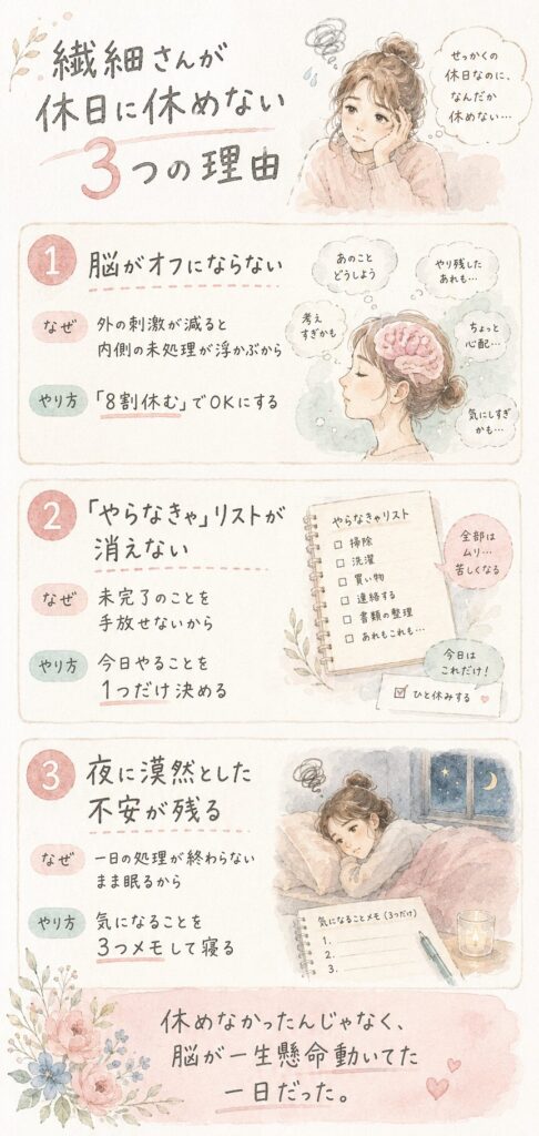 繊細さんが休日に休めない理由を表した水彩イラスト(インフォグラフィック)