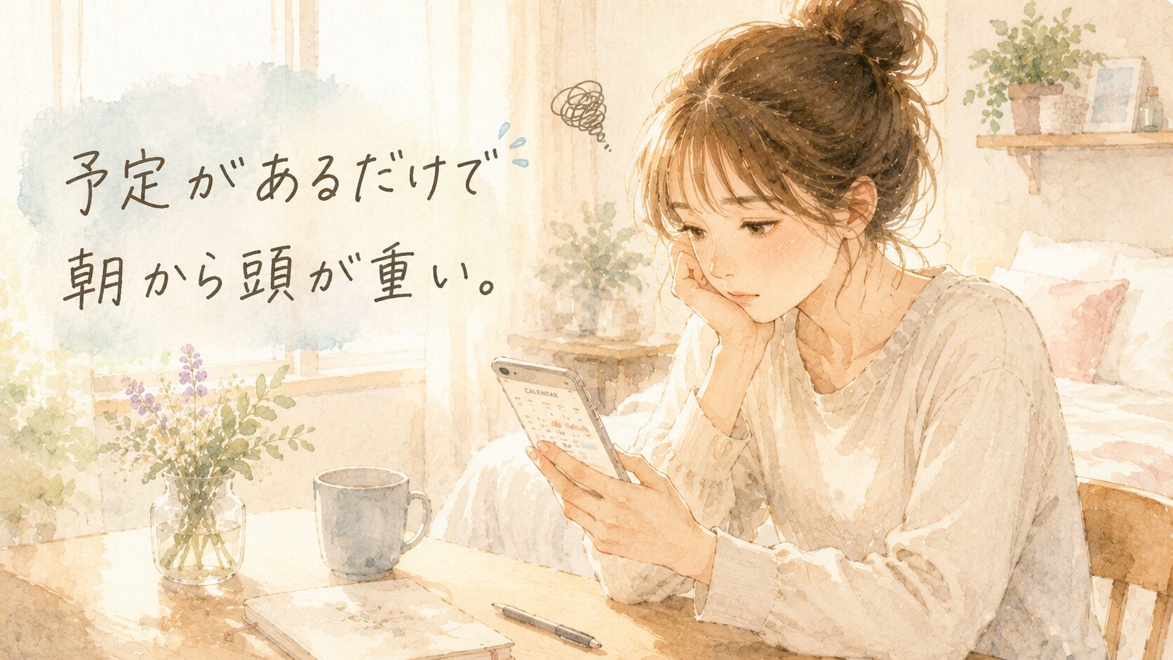 繊細さんが予定のある日に疲れる理由を表した水彩イラスト