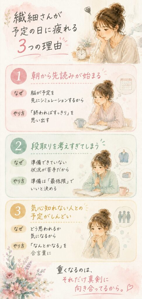 繊細さんが予定のある日に疲れる理由を表した水彩イラスト(インフォグラフィック)