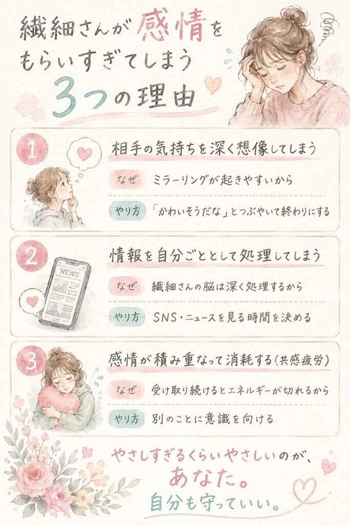繊細さんが感情をもらいすぎてしまう理由を表した水彩イラスト(インフォグラフィック)