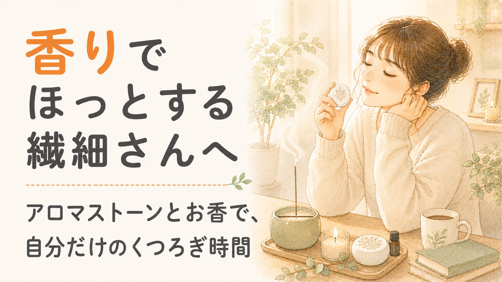 香りでほっとする繊細さん（HSP）へ。アロマストーンとお香、植物のそばでくつろぐ女性の水彩イラスト